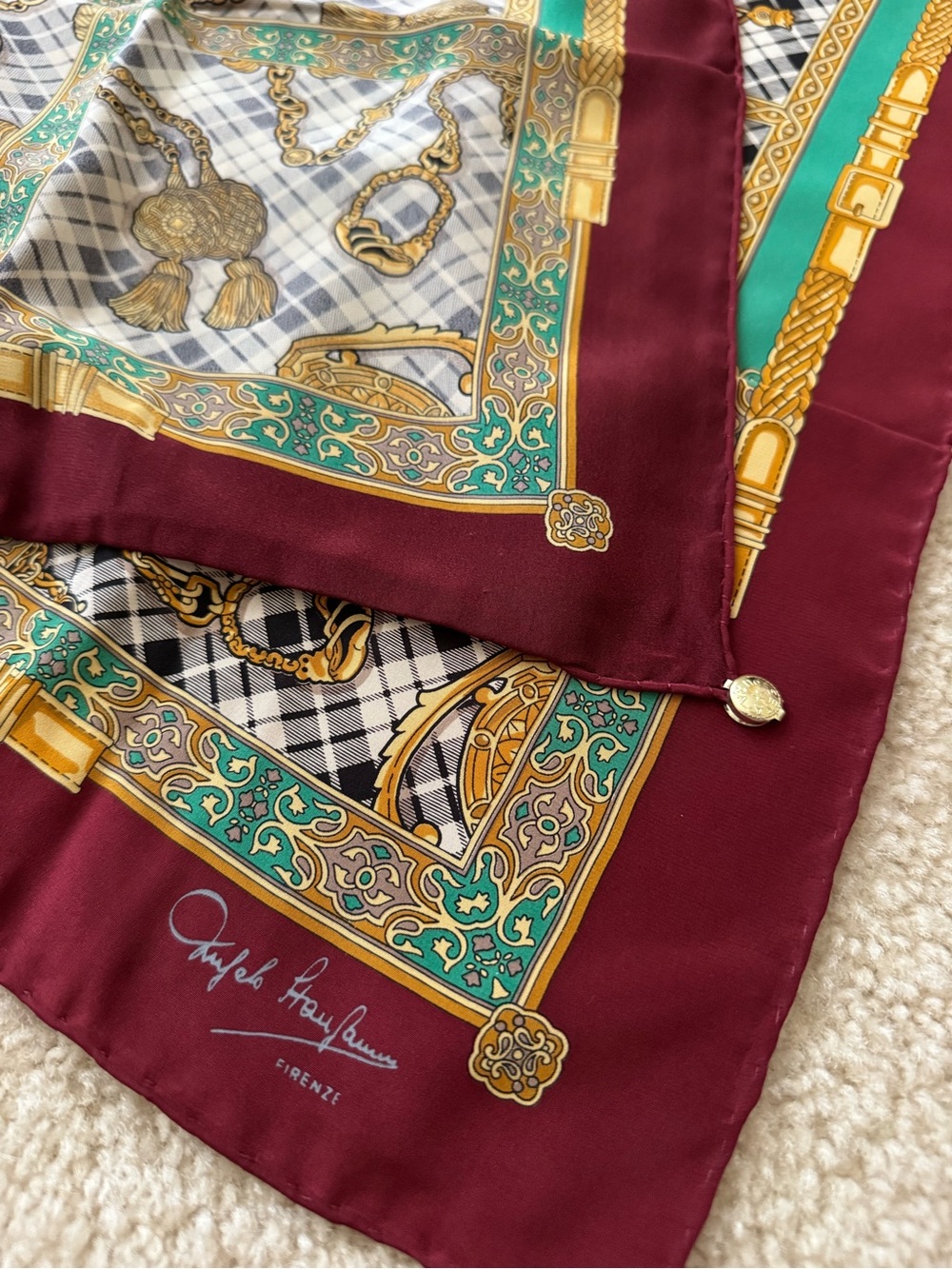 Burgundy & Green Silk-Blend Decorative Scarf